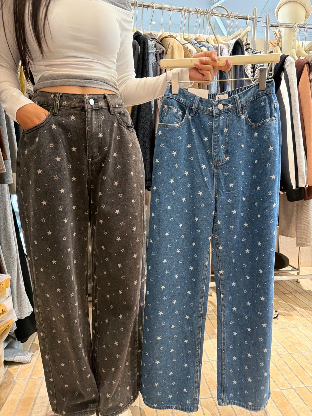 星星滿版直筒牛仔褲